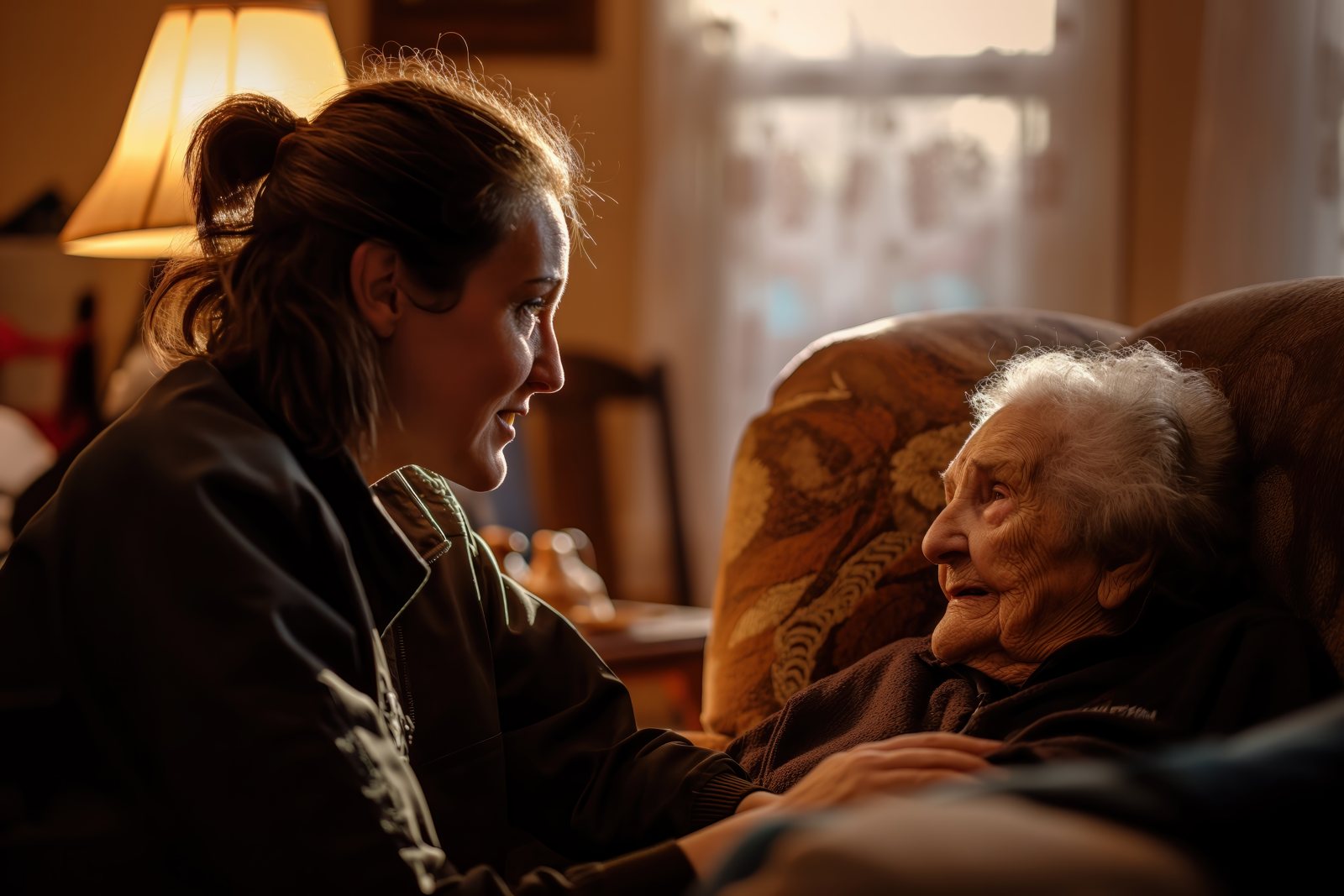 A caregiver sits with an older woman